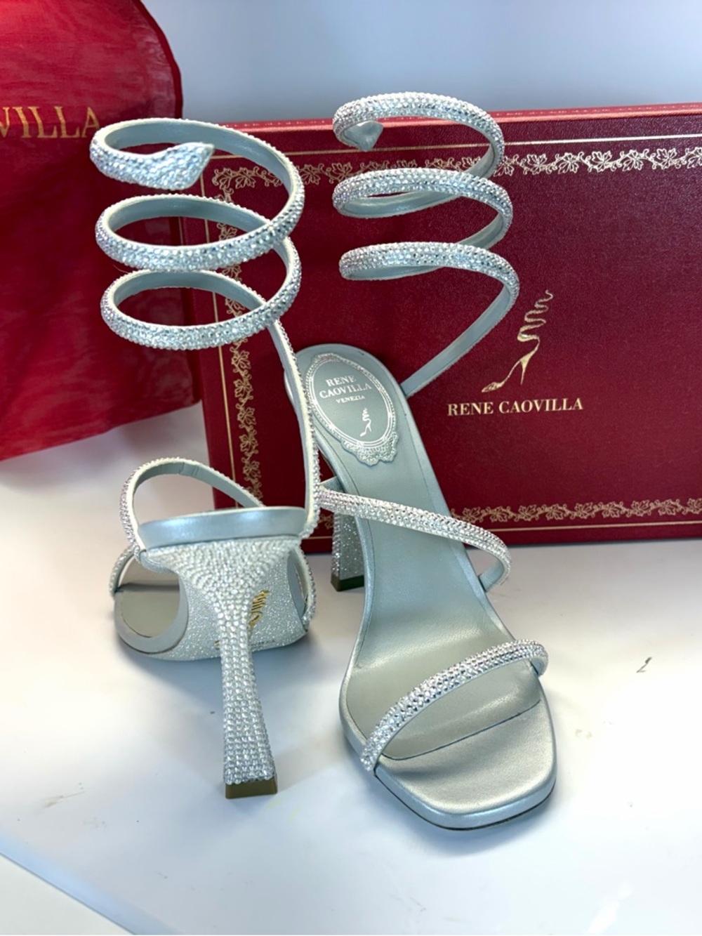 New in Box Rene Caovilla Silver Crystal Spiral Wrap Open Toed High-Heels - Picture 4 of 8